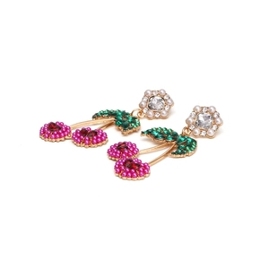 Exaggerated cherry earrings with colorful pearls, gold alloy, and sparkling rhinestones