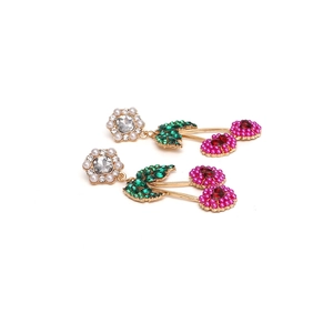 Exaggerated cherry drop earrings with pearls and colorful rhinestones on golden alloy