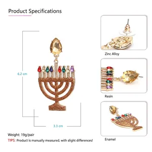 Exaggerated golden Menorah earrings with colorful rhinestones and enamel finish