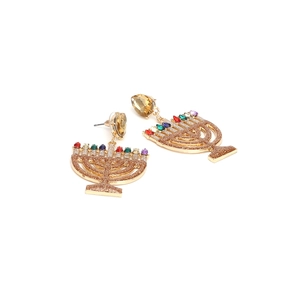 Golden Menorah earrings with colorful crystal accents and amber teardrop stone