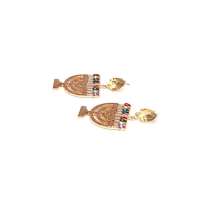 Golden Menorah earrings with colorful crystals and amber teardrop stones on white background