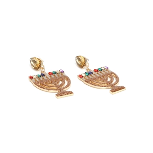 Detailed view of golden Menorah earrings with colorful gemstones and amber teardrop stud