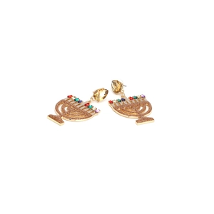 Golden Hanukkah Menorah earrings with colorful crystals and sparkling finish on white