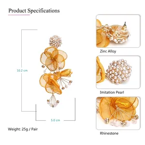 Oversized yellow fabric flower earrings with pearls and rhinestones, 10.2 cm long