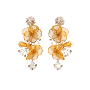 Yellow Fabric Flower Drop Earrings With Faux Artificial Pearl Rhinestone Alloy Handmade Long Floral Tassel Dangle Earrings Women