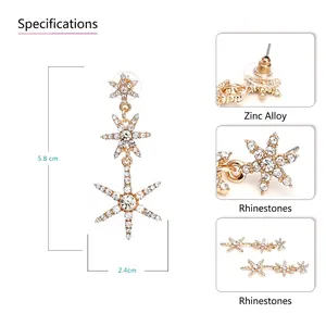 Elegant gold-tone long star earrings with rhinestones for women, 5.8cm drop length