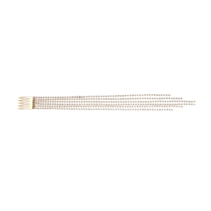 Detail of golden five-tooth hair comb with long cascading rhinestone tassels and shiny crystals
