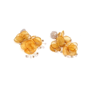 Exaggerated handmade fabric flower earrings with layered organza petals and pearl clusters