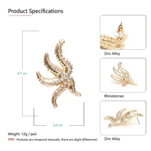 Goldene Seestern-Ohrringe mit Strass aus Zinklegierung, 4,7 cm hohe modische Ohrhänger