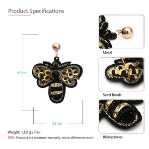 Handmade bee embroidery earrings with gold sequins, beads and crystals, 6.5cm length