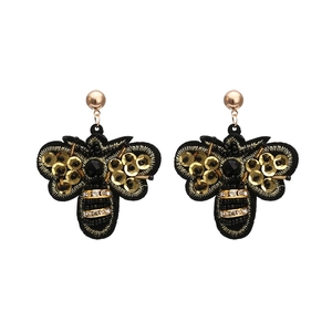 Handmade Bee Fabric Drop Earrings For Women Western Style Rhinestone Sequin Animal Embroidery Statement Earrings Fashion Jewelry