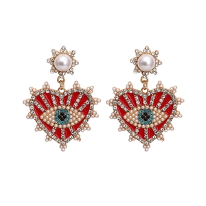 Orecchini Pendenti Bohemian Cuore Con Malocchio Lega Smalto Rosso Strass Künstliche Perle Artificiali Gioielli Per Donna
