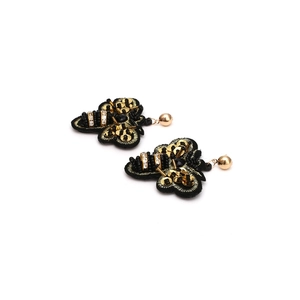 Handmade bee earrings with gold embroidery, black sequins and crystal beads for women