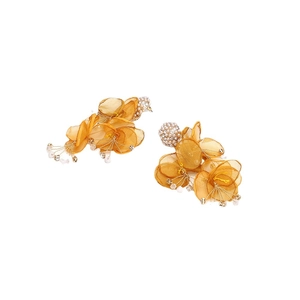 Amber floral drop earrings with layered mesh petals, faux pearls and sparkling crystals