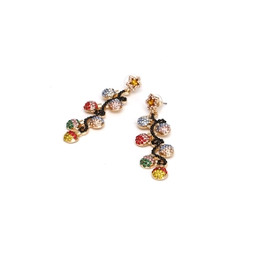 Baroque style star earrings with colorful rhinestone bulb pendants on white background