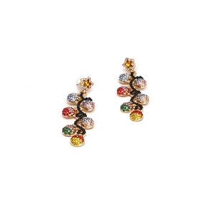 Baroque star earrings with colorful rhinestone balls and gold finish on white background