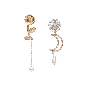 Asymmetrische Hänger Ohrringe Gold Legierung Strass Mond Sonnenblume Künstliche Perlenimitat Vintage Elegant Schmuck Für Frauen