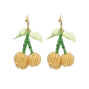 Handmade beaded cherry drop earrings with green leaves and golden yellow fruit