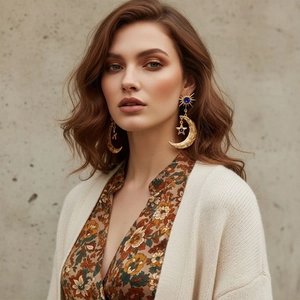 Boucles D Oreilles Pendantes Lune Soleil Étoile Bohème Avec Strass Pierres Bleues Et Tige En Acier Inoxydable