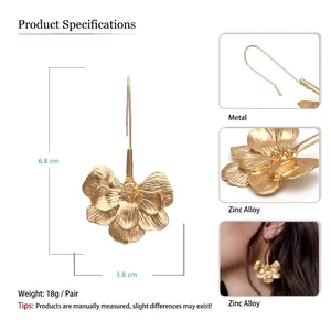 Vintage large golden flower drop earrings in brushed metal finish for women