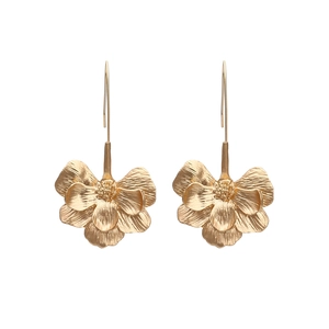 Vintage Flower Drop Earrings Gold Alloy Brushed Petal Long Hook Jewelry For Women Retro Style