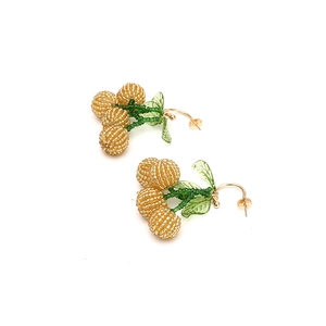 Handmade beaded cherry earrings with golden transparent fruit and green leaf pendants