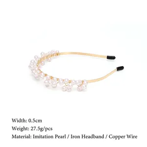 Serre-tête perles fait main avec base en métal doré de 0.5cm et perles blanches