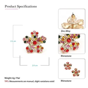 Boucles d'oreilles fleurs en alliage de zinc et strass colorés, 2,0 cm par 2,0 cm