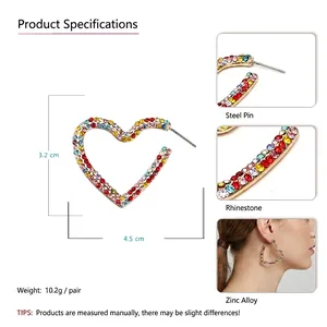 Boucles d'oreilles créoles cœur cristal arc-en-ciel avec alliage de zinc pour femmes