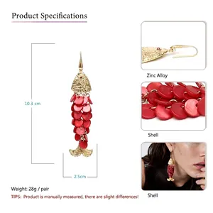 Handmade red shell fish dangle earrings in gold-tone metal, length 10.3cm for women