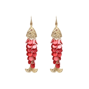 Fish Drop Earrings Red Shell Sequin Overlapping Scale Gold Hammered Alloy Animal Dangle Retro Western Style Women Jewelry