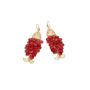 Handmade red fish drop earrings with gold hammered metal and shimmering scales