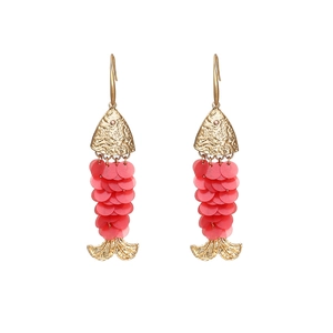 Handmade gold and red fish-shaped drop earrings with sequined scales on white background