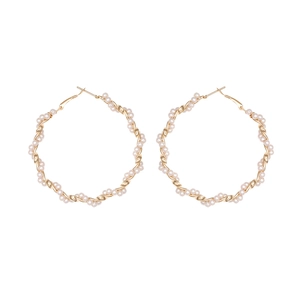 Alloy Twisted Hoop Earrings With White Faux Artificial Pearls Vintage Geometric Gold Circular Style For Women