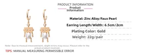 Detailed size specifications for cartoon robot earrings with faux pearls and gold plating