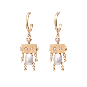 Robot Dangle Earrings Gold Plated Alloy White Faux Artificial Pearls Creative Cartoon Character Shape Mechanical Design Women Girls