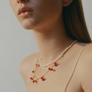 Double Layered Necklace Gold Plated Alloy With Imitation Artificial Pearl Red Woven Cherry Strawberry Pendant Sweet Cute Fruit Women