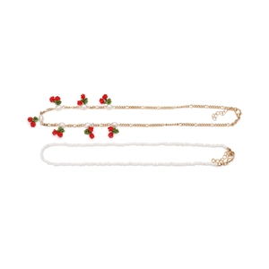 Handmade beaded cherry fruit necklace set with white pearls and gold extension chain