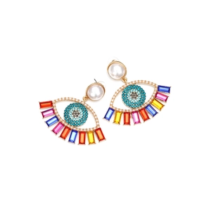 Evil eye drop earrings with pearls and colorful crystals on white background