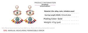 Detailed view of large multi-layer Evil Eye earrings with colorful crystals and pearls