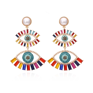 Evil Eye Drop Earrings Bohemian Colorful Rhinestone Faux Artificial Pearl Gold Plated Alloy Dangle Fashion Jewelry Women