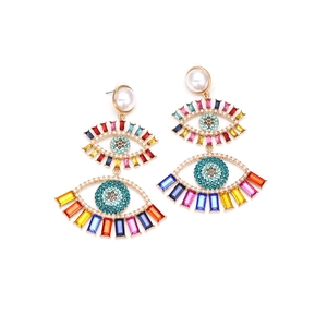 Multilayer Evil Eye earrings with colorful crystals and pearl drop in gold finish