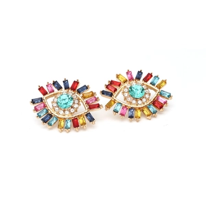 Exaggerated evil eye stud earrings with colorful crystal rhinestones in gold alloy
