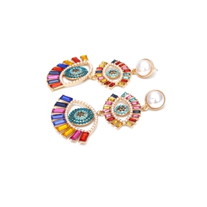 Colorful Evil Eye drop earrings with rainbow crystals, gold plating, and large pearls