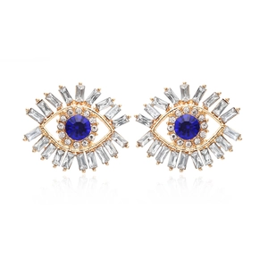 Golden Evil Eye stud earrings with blue center stone and sparkling baguette crystals