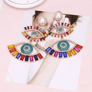 Dramatic multi-layered Evil Eye earrings with colorful rhinestones and large pearls