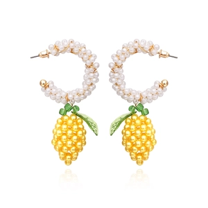 Handmade Woven Imitation Artificial Pearl Lemon Fruit Dangle Earrings Colorful C Shaped Summer Tropical Jewelry For Women