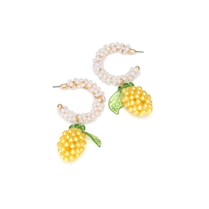 Handwoven lemon C-shaped earrings with white pearls and green leaf charm accents