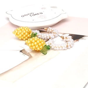 Handmade lemon beaded C-shape hoop earrings with white pearls and green leaf charms