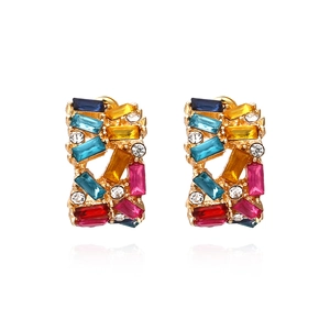 Colorful Rhinestone C Shaped Earrings Alloy Geometric Rainbow Half Hoop Studs For Women Fashion Jewelry